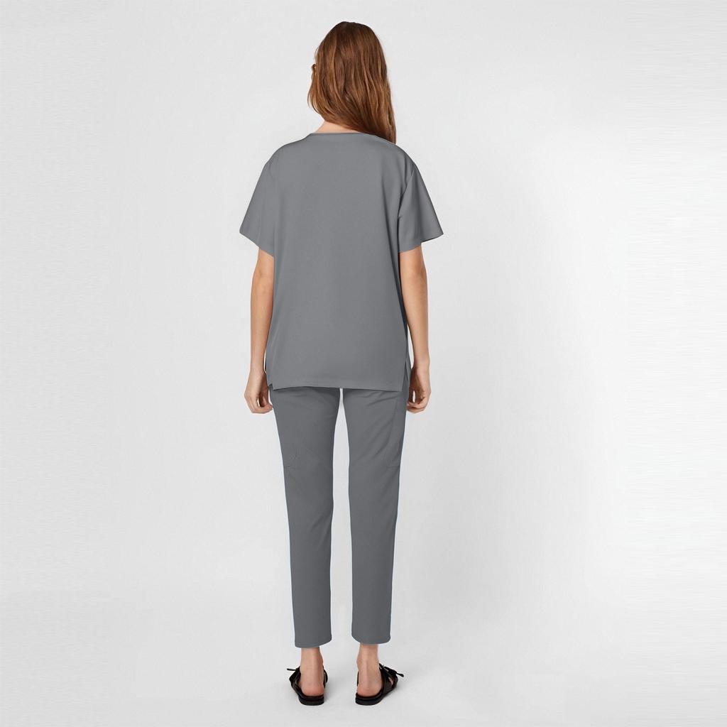 Damen Kurzarm Farb V-Ausschnitt Tasche Oberteil Hose Arbeitskleidung Zweiteiliges Set