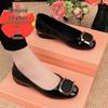 Women's Genuine Leather Chunky Heel Mid-Heel Square Buckle Shoes, 2022 Patent Soft Leather, Versatile Design.