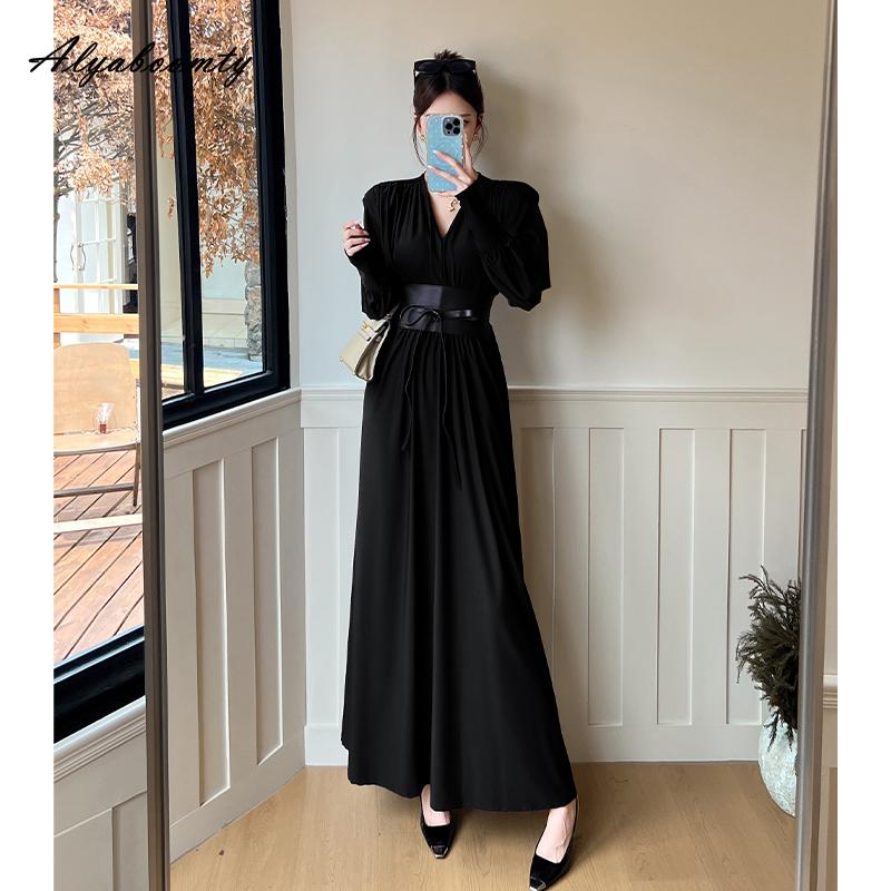 European Style Autumn Winter Women Maxi Long Party Dress V Neck Brown Black Dress+Croset Gorgeous Elegant Feminine Ladies' Gown Dress