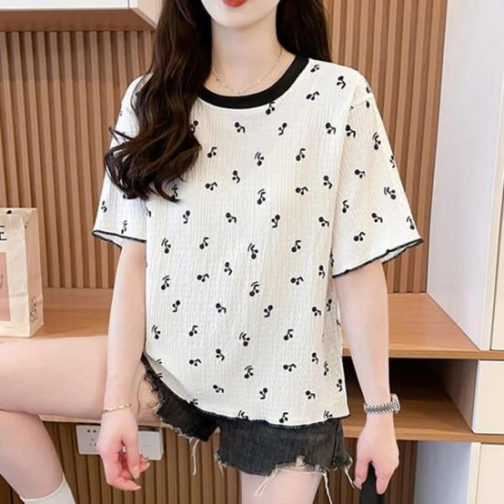 Navava Women Seersucker Cherry PaTTern ShorT Sleeve T shirT nT2655