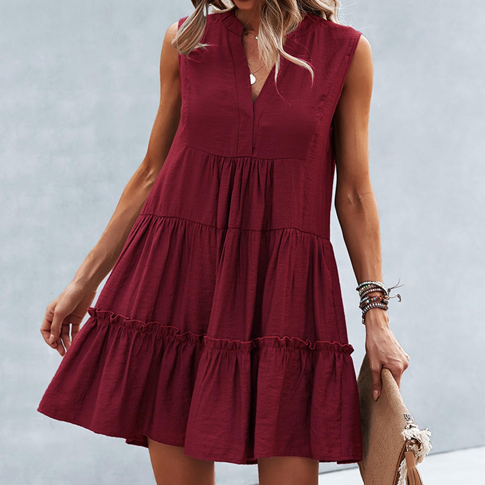 

Женские летние повседневные однотонные платья без рукавов с v-образным вырезом Короткие платья для пляжного отдыха XL винный