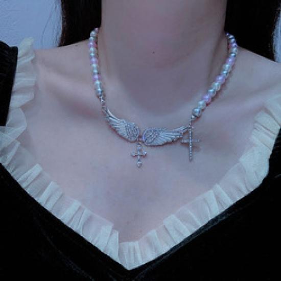 

139 Французская мода Винтаж Крест Кристалл Вселенной Жемчужное ожерелье Крылья Ангела Флэш Алмазная Цепочка Ключицы