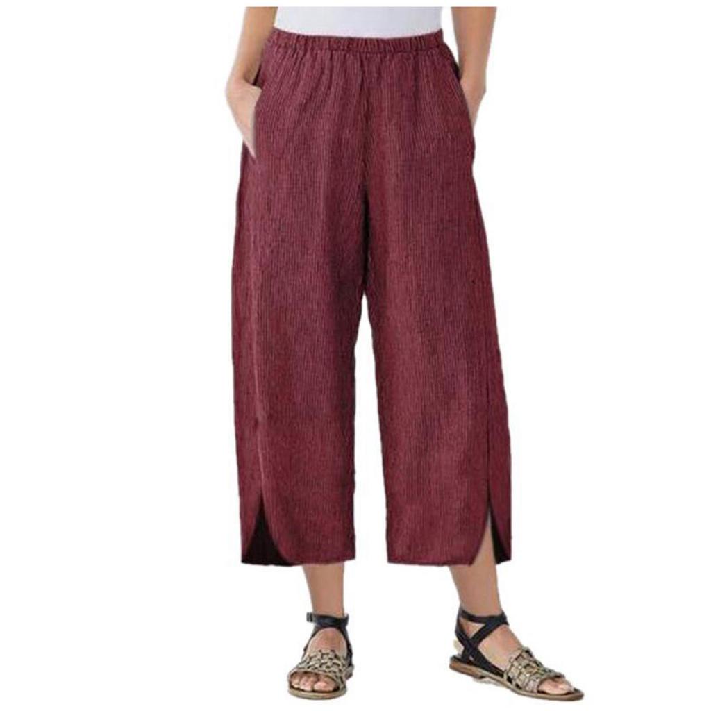 Fashion Women Button Solid Color Casual Cotton Loose Pants With Pockets