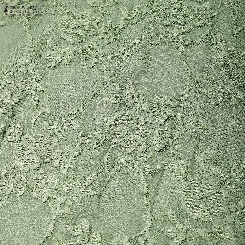 ZANZEA Women Casual Round Neck Long Sleeve Loose Patchwork Mesh Long Dress