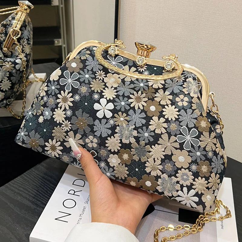Flower Print Clutch for Women Evening Bags Ladies Chain Messenger Bags Crystal Canvas Handbags Fashion