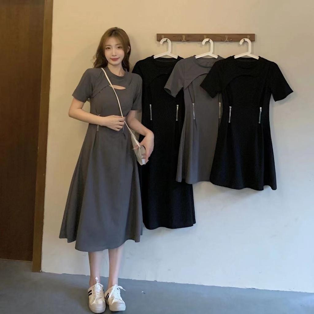 Large size fat mm French retro Hepburn style dress for women's summer feeling hollow belly covering and thin small black dress tide