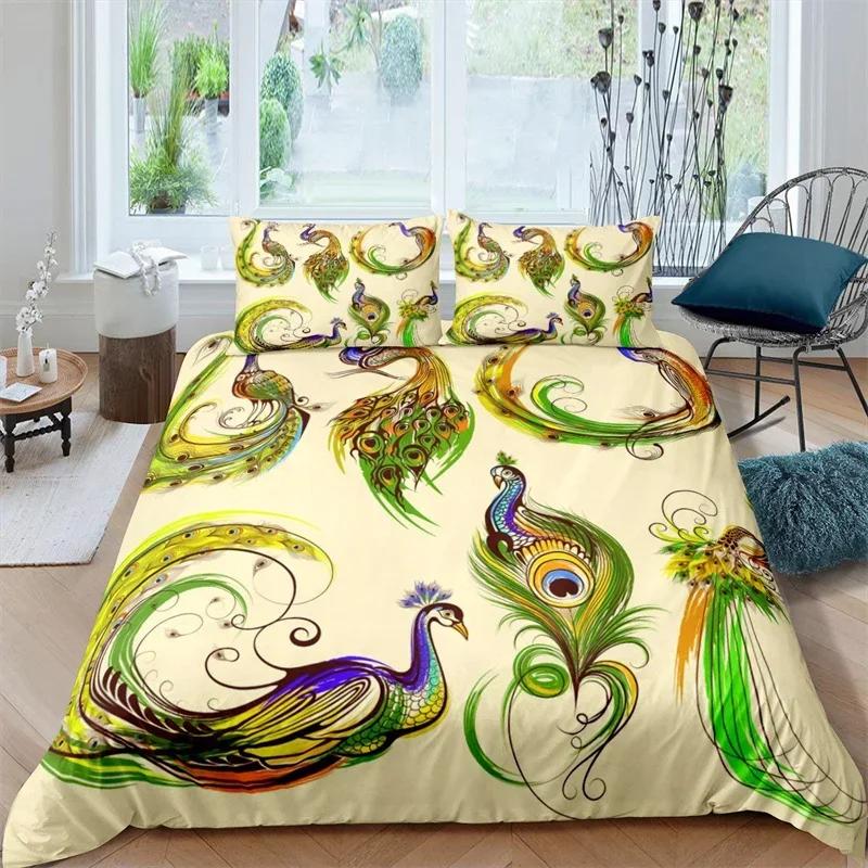 Peacock Duvet Cover Exotic Birds Animals Quilt Cover Polyester Feather Butterfly Flowers Bedding Set 2/3Pcs King For Girls Teens