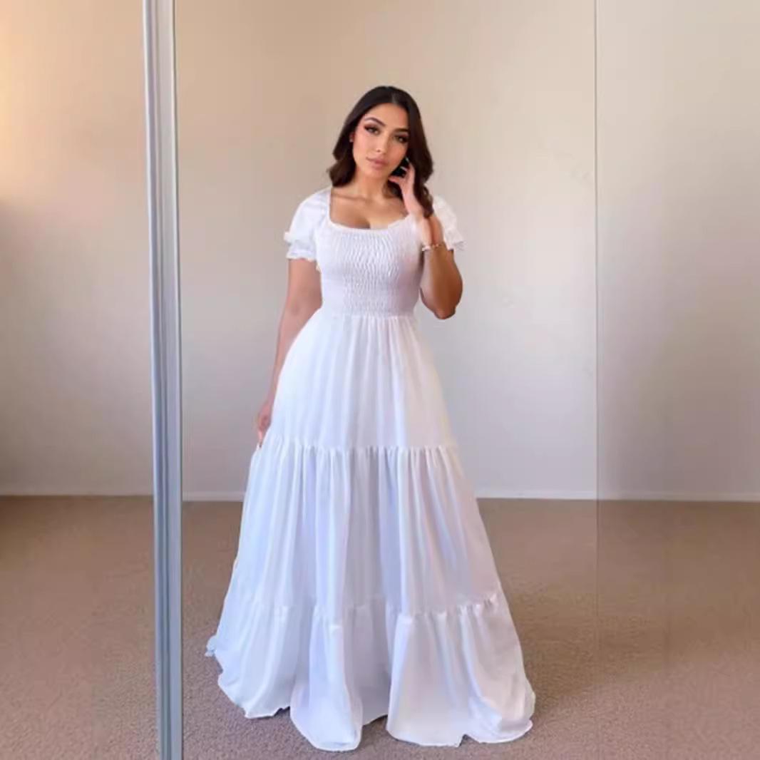 

Европейское и американское платье макси с квадратным вырезом и сборками, 2024 Medium белый