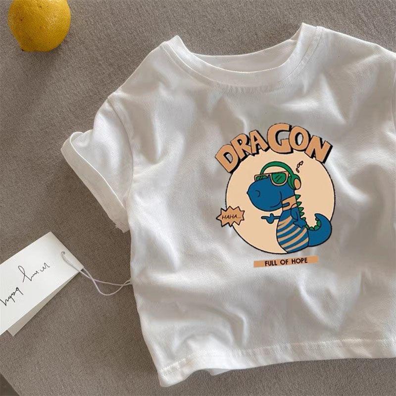 Kids Summer Cotton Cartoon Short Sleeve T Shirt Boys Girls White Crew Neck Casual Top
