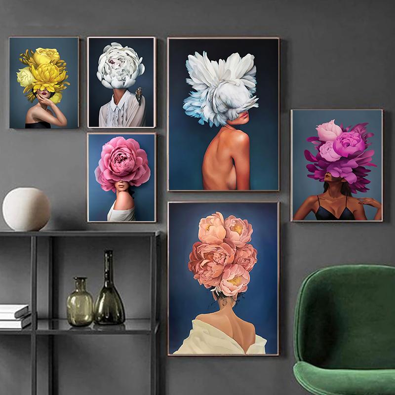Modern Sexy Woman Flower Head Poster Canvas Painting Abstract Fashion Lady Wall Art for Living Room Decoration Home Cuadros