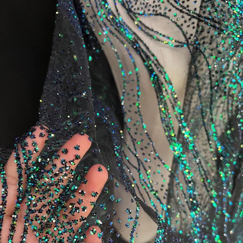Glitter Sequin Lace Fabric Iron Bronzing Wave Pattern Polyester Material Bridal Wedding Party Evening Dress Fabric DIY Textile