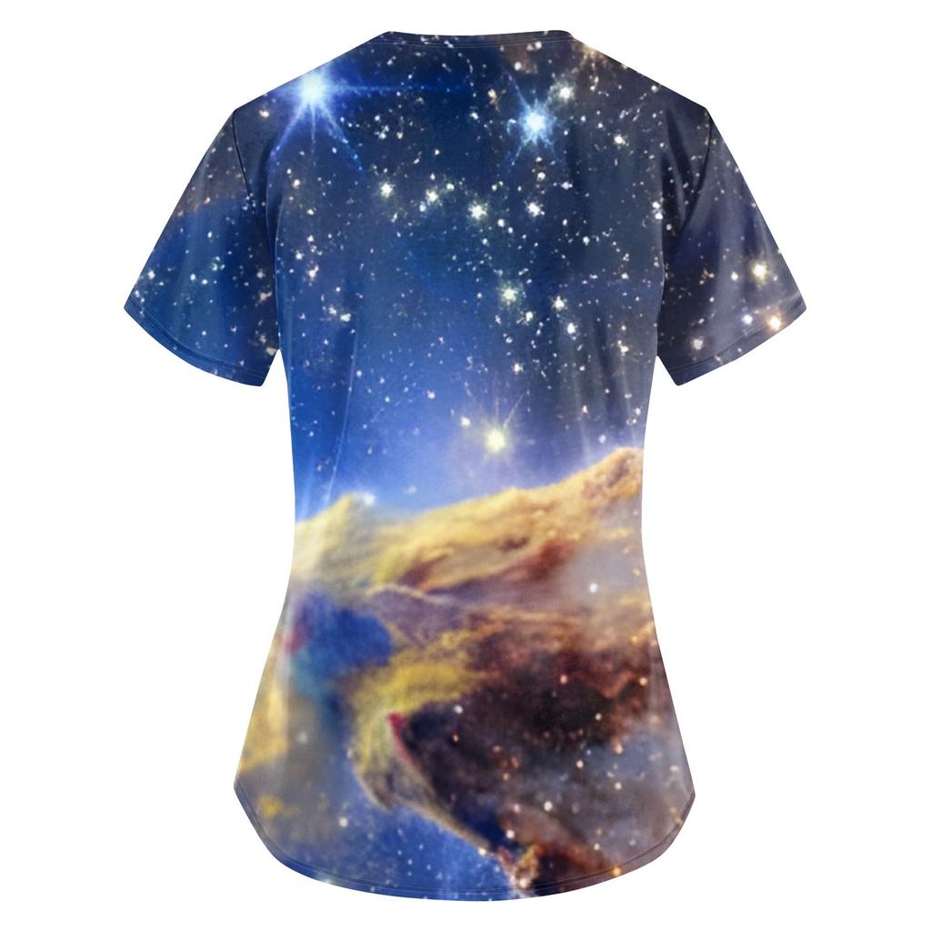 Damska Moda Astralny Nadruk Krótki Rękaw Dekolt V Mała Kieszonka Koszulka do Pracy