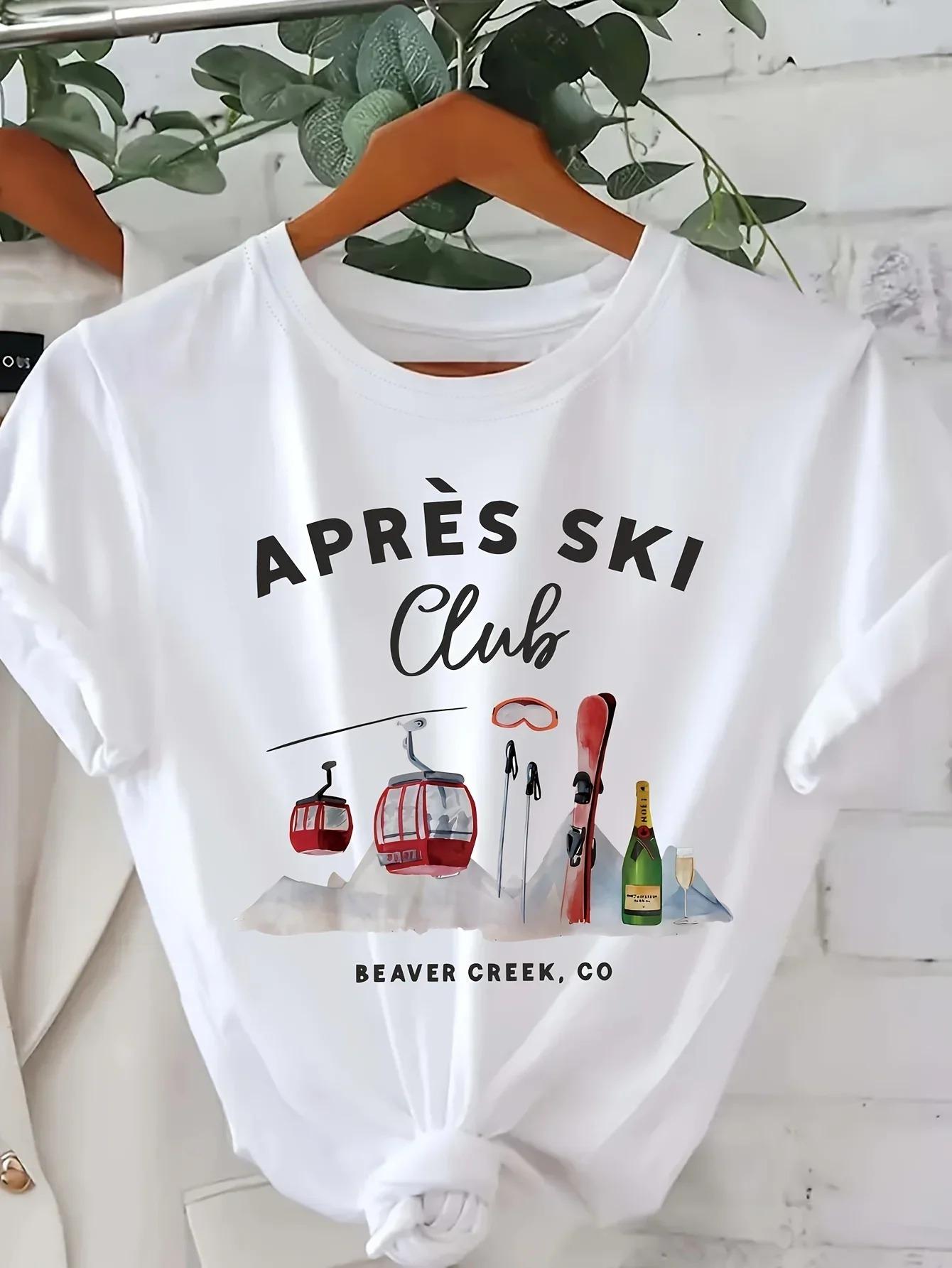 

Women Après Ski Club Graphic Print with Ski Lifts Snowboards Casual Short Sleeve Crew Neck Top for 2026 Summer Unisex Women Clothes S
