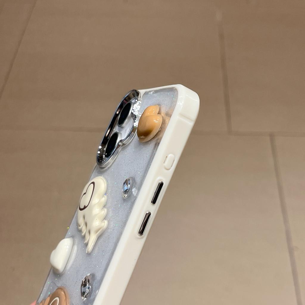 For iPhone 16 Case with Strap Glitter Heart Double Fishbone Epoxy PC TPU Phone Cover