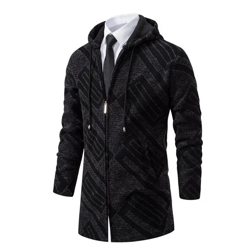 Autumn Winter Men's Fleece Mid Length Hooded Knit Cardigan Casual Knitwear Coat Thickened Warm Sweatercoat Men