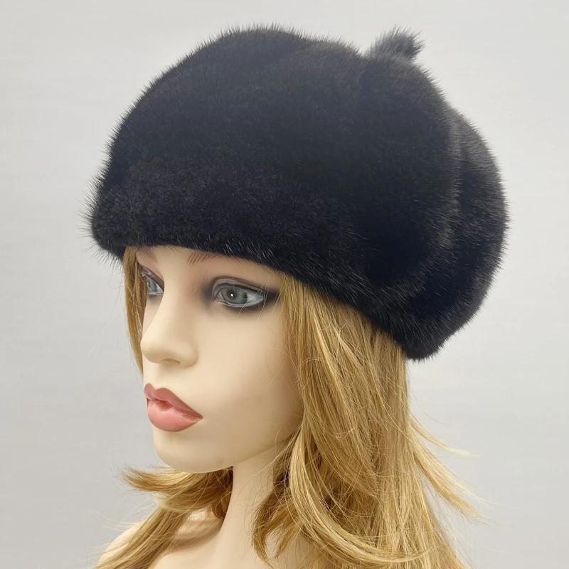 Luxury Mink Fur Hats for Women Winter Warm Solid Genuine Fur Cap High Quality Female Fur Hat