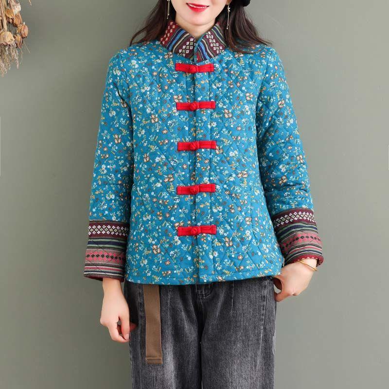 Zimní nová bavlněná vycpaná retro bunda a kabát s květinovým potiskem Teplé husté parky v lidovém stylu