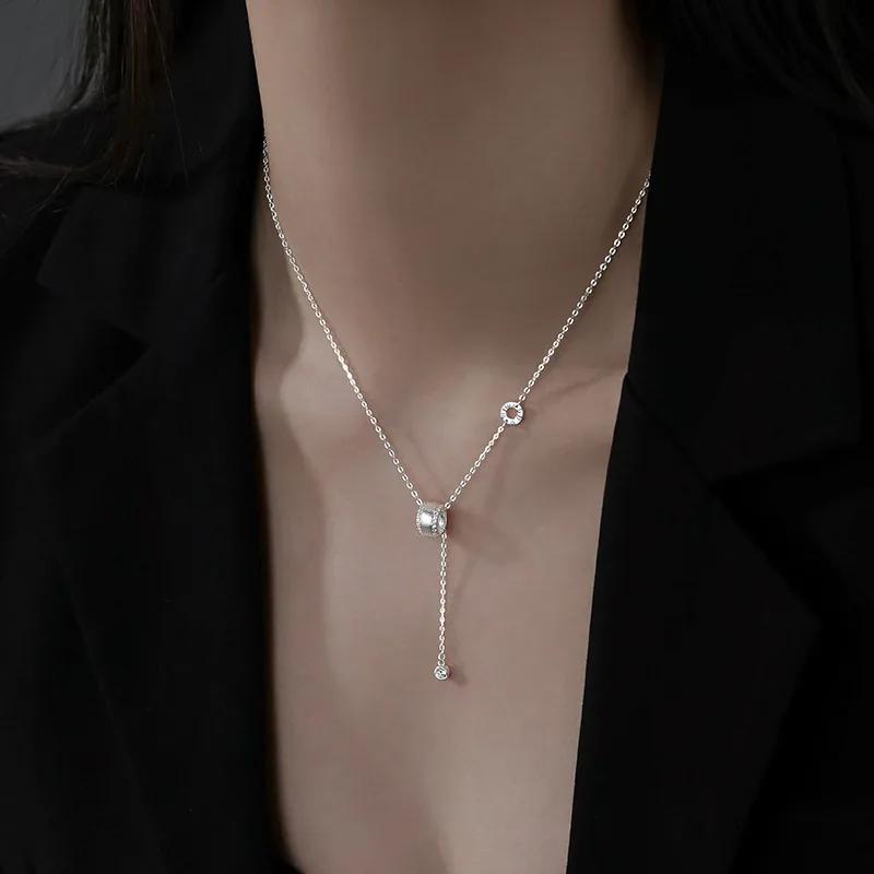 PONYKISS  Sterling Silver Zircon Hollow Round Tassels Chain Necklaces for Women Trendy Fine  Minimalist Accessories