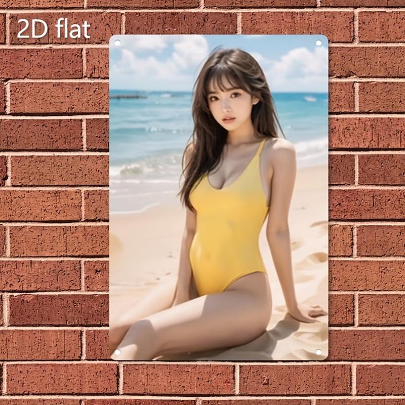 

Vintage Metal Wall Art Sign - Coastal Beach Decor with Yellow Swimsuit Woman, Durable Iron Cafe Bar Plaque 20x30cm（7.8x11.8inch）