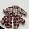 Kids Unisex Fleece Plaid Long Sleeve Shirt Korean Vintage Style Children Shirt