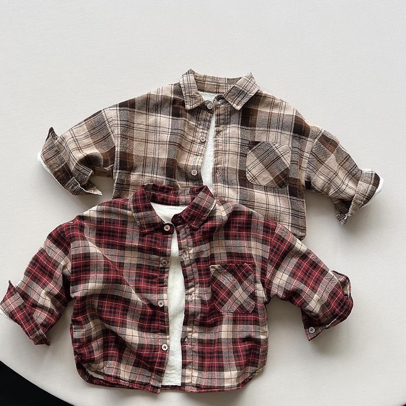 Kids Unisex Fleece Plaid Long Sleeve Shirt Korean Vintage Style Children Shirt
