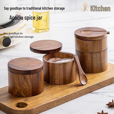 Acacia Wood Salt and Pepper Seasoning Box - Wooden Kitchen Storage Jar