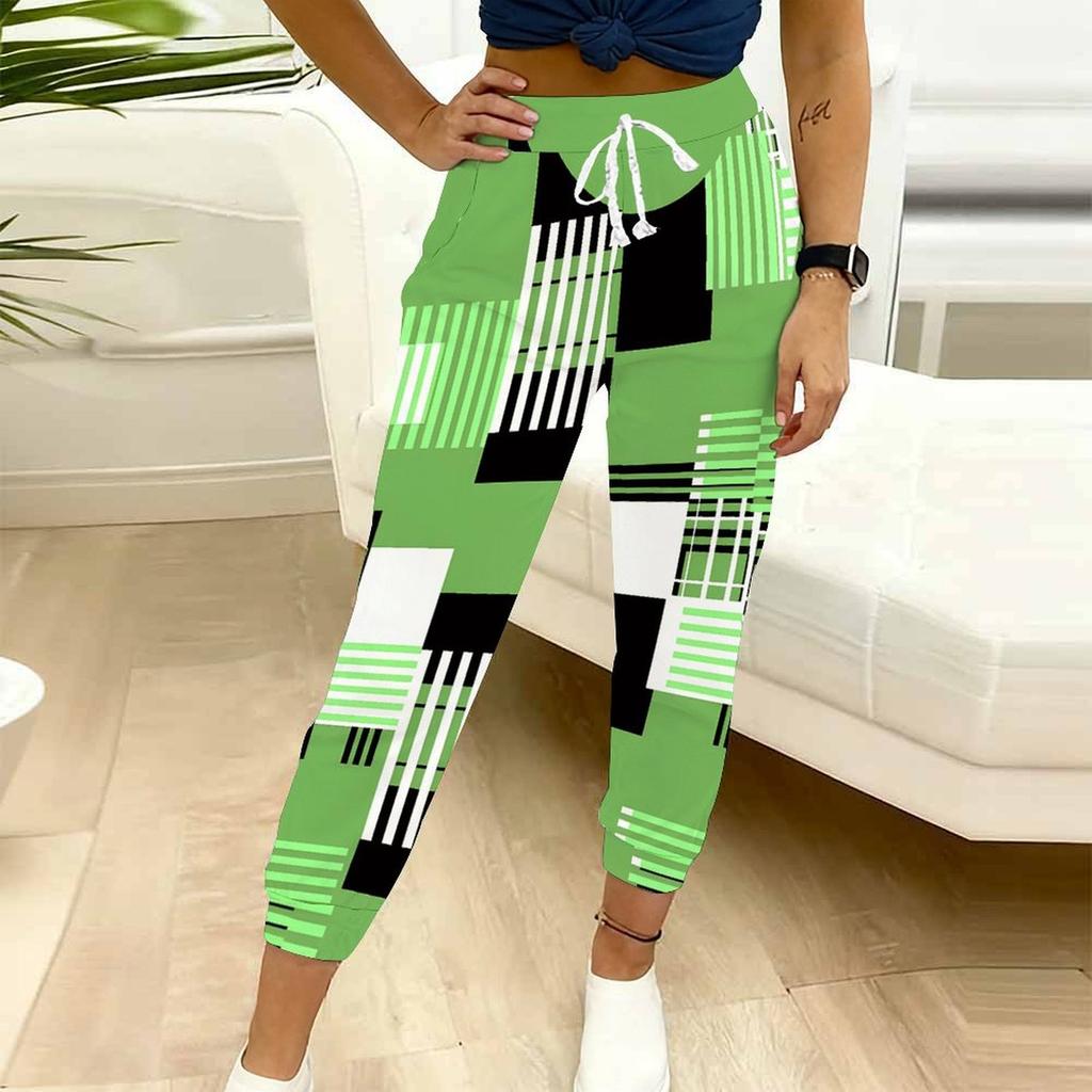 Summer Ladies Tie Dye Splicing Printed Sweatpants Loose Fit Drawstring Joggers Elastic Cuff Daily Casual Pants