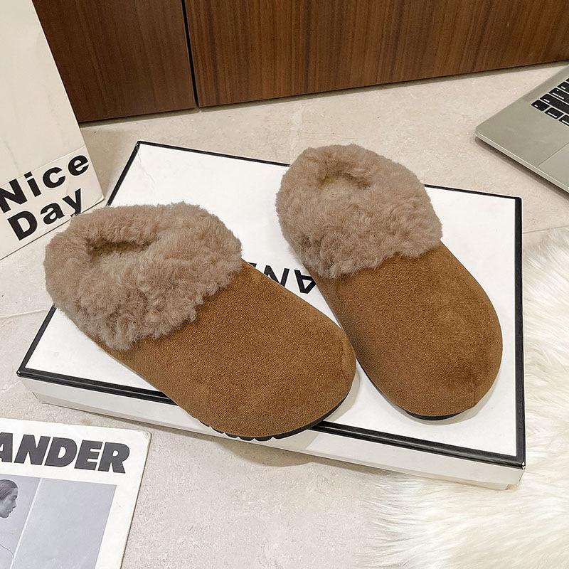 Autumn and Winter Wear Retro Bag Head Half Slippers Women's Thick Bottom Warm Plush Cotton Slippers