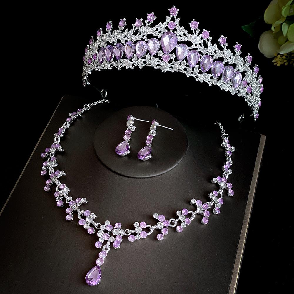 

Pink Bridal Crown Three Piece Suit Wedding Crown Tiara Necklace Earrings Korean Super Fairy Wedding Dress Accessories