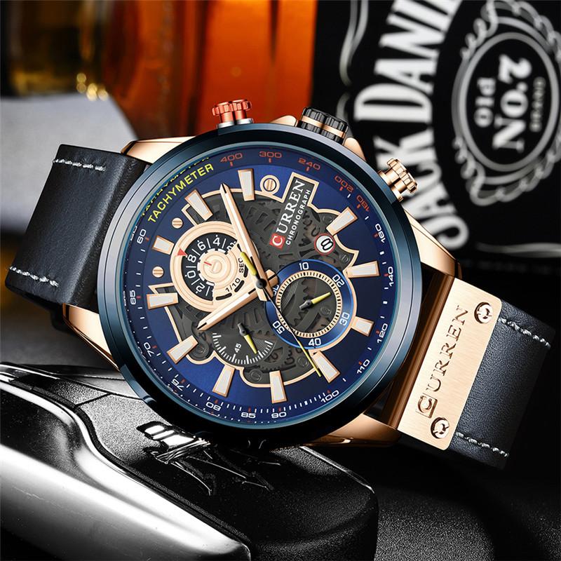 CURREN Man WristWatch Chronograph Sport Men Watch Military Top Brand Luxury Gold Blue Genuine Leather Calendar Male Clock 8380