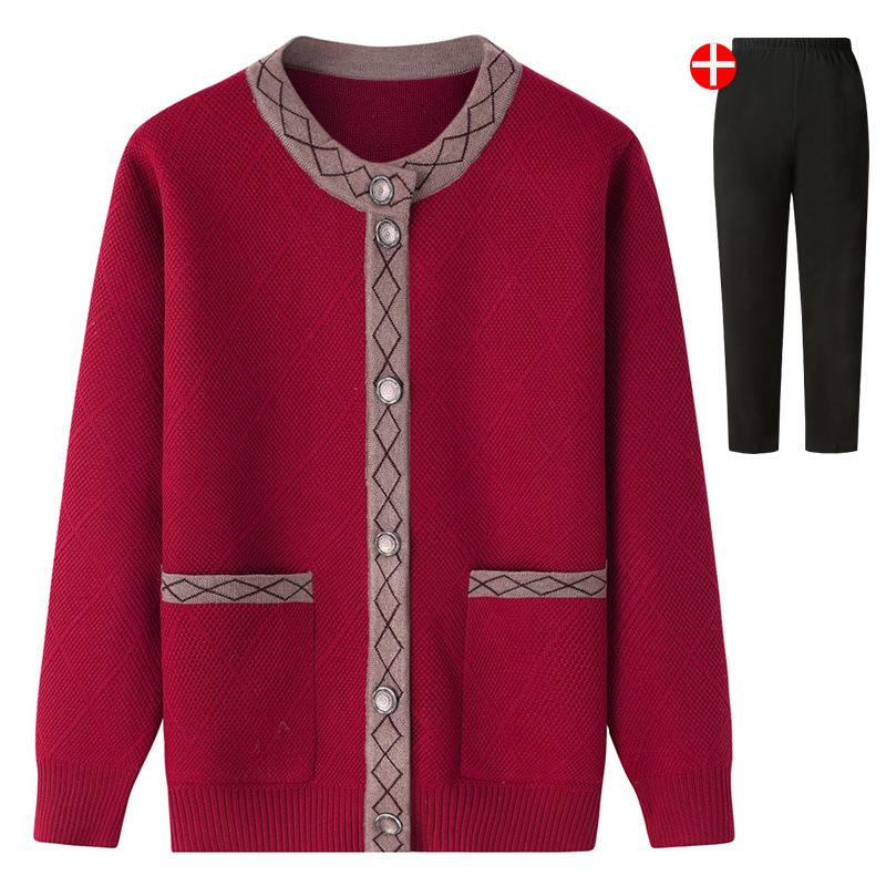 Women's Fleece-Lined Knitted Cardigan for Autumn/Winter - Ideal for Middle-Aged and Elderly.