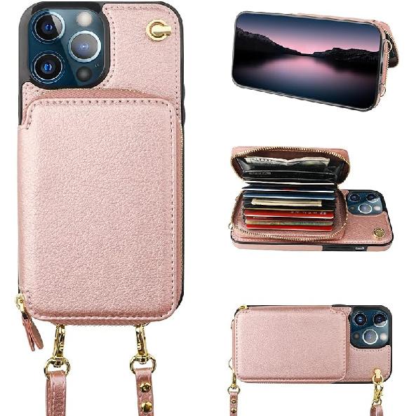 Bocasal Crossbody Wallet Case for iPhone 13 Pro Max, RFID Blocking Leather Purse Case with Card Holder, Protective Handbag Flip Cover with Zipper