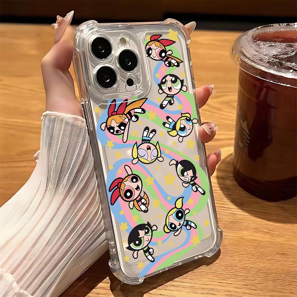 Cute P-Powerpuffs Girls Phone Case for IPhone 16 15 14 13 12 11 Mini Pro Max X XR XSMax 7 8 Plus Shockproof Transparent Cover