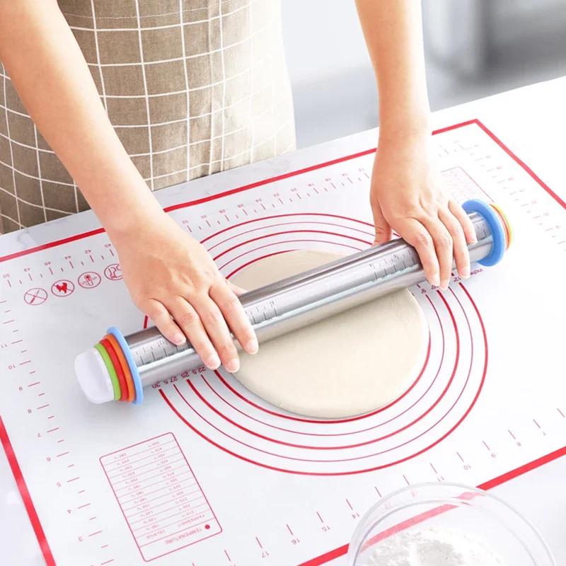 Silicone Detachable Circular Dough Pad Adjustable Rolling Pin Dough Roller Stainless Steel Silicone Kneading Pad Non Stick