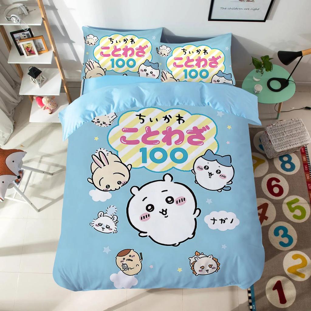 Cartoon Chiikawas Cute Themed Bedding Set Colorful Print Polyester Student Dormitory Bed Sheet Quilt Cover Kid Gift Home Textile