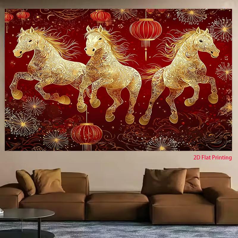 2D Chinese New Year Golden Horse Backdrop Red Lantern
