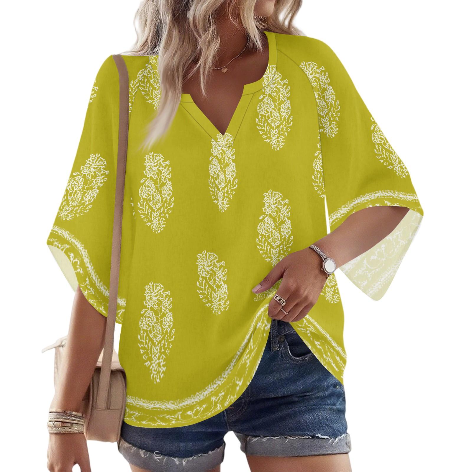 

Женская блузка с рукавом 3/4, V-образным вырезом и цветочным принтом, повседневная, свободная туника XL жёлтый