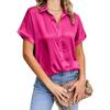 Women Turn Down Collar Satin Blouse Rolled Short Sleeve Button Down Loose Casual Elegant Office Tops