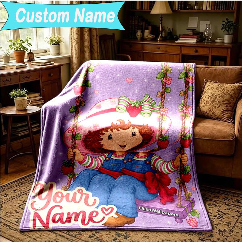 1PC Custom Name Blanket Straw-berry Sweet Moment Flannel blankets Patterns Throw Blanket All-Season Soft Gift for Couch, Bed, Camping, Birthday gifts