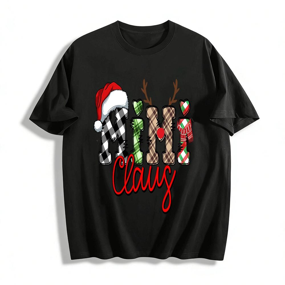 

Christmas Themed MIMI CLAUS Plaid Print Holiday Casual Top Pure cotton T-shirt XXS