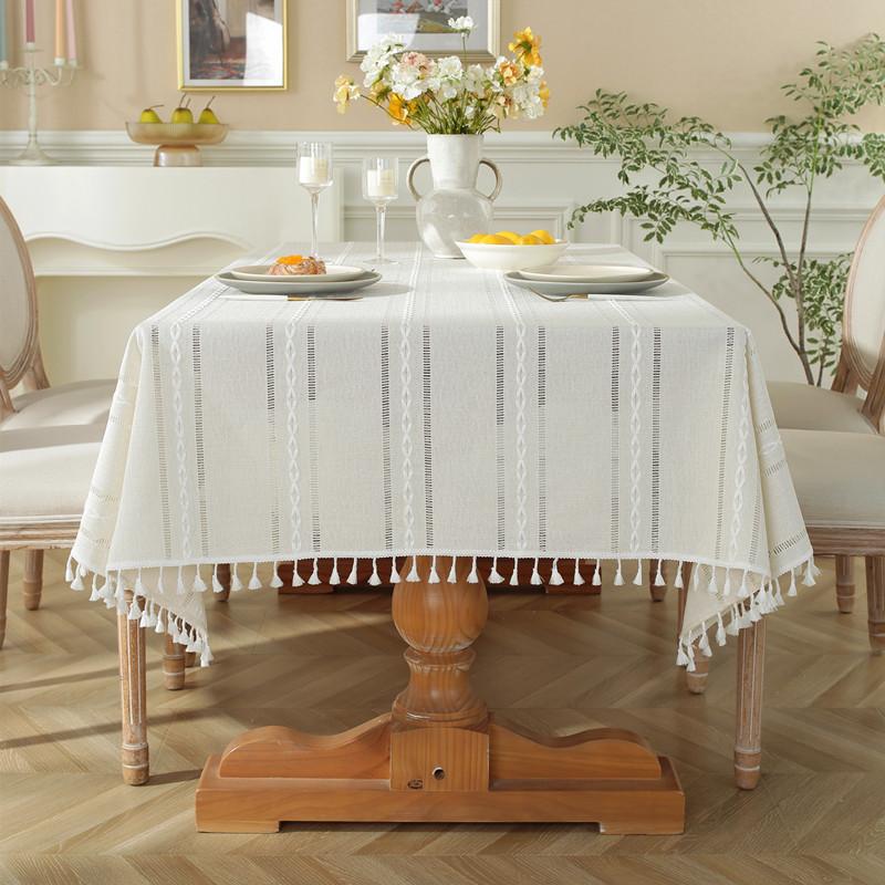 Rustic Embroidery Table Cloth, Cotton Linen Stripe Tassel Tablecloth Antifouling Dust Proof Table Cover For Kitchen Dining Decor