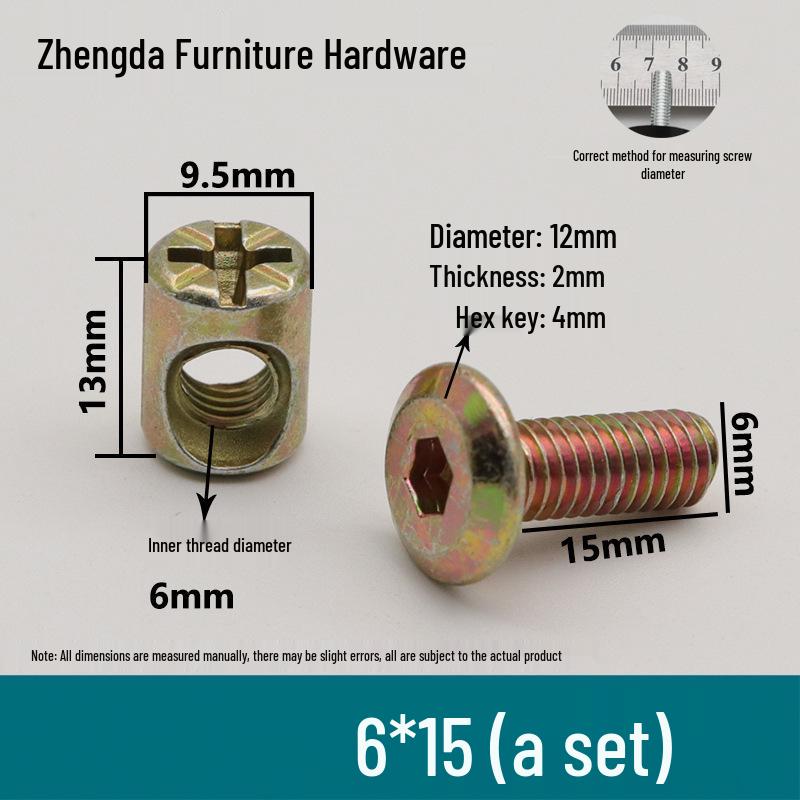 M6 Furniture Hardware: Crib & Bookcase Screws with Cross Hole Nuts, Countersunk Head Screws, Hammer Head Nuts.