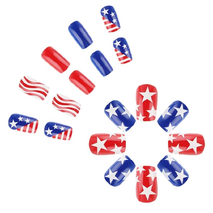 Square False Nail French Tip Press on Nail Full Cover Fake Nail Independence Day Glues on Nail Patriotic False Nail