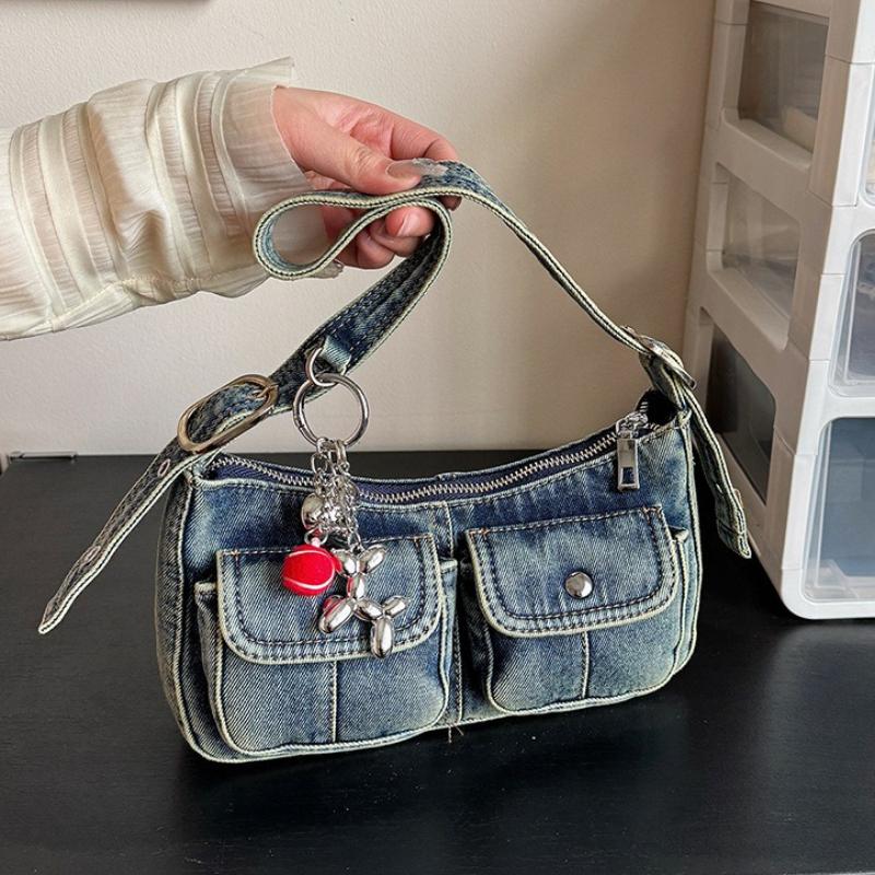 Vintage Denim Shoulder Underarm Bags for Women Portable Spicy Cool Girl Y2K Handbag Double-pocket Design Ladies Armpit Bag Purse