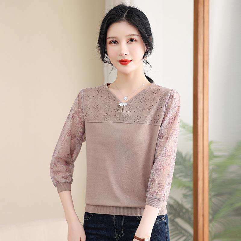 Spring Gauze Sleeve Knit Top for Middle-Aged Women