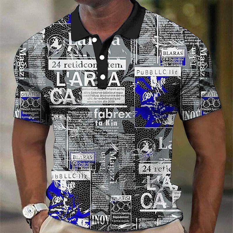 Polo Confortabil pentru Bărbați cu Imprimeu Retro de Ziar cu Imprimare Digitală 3D