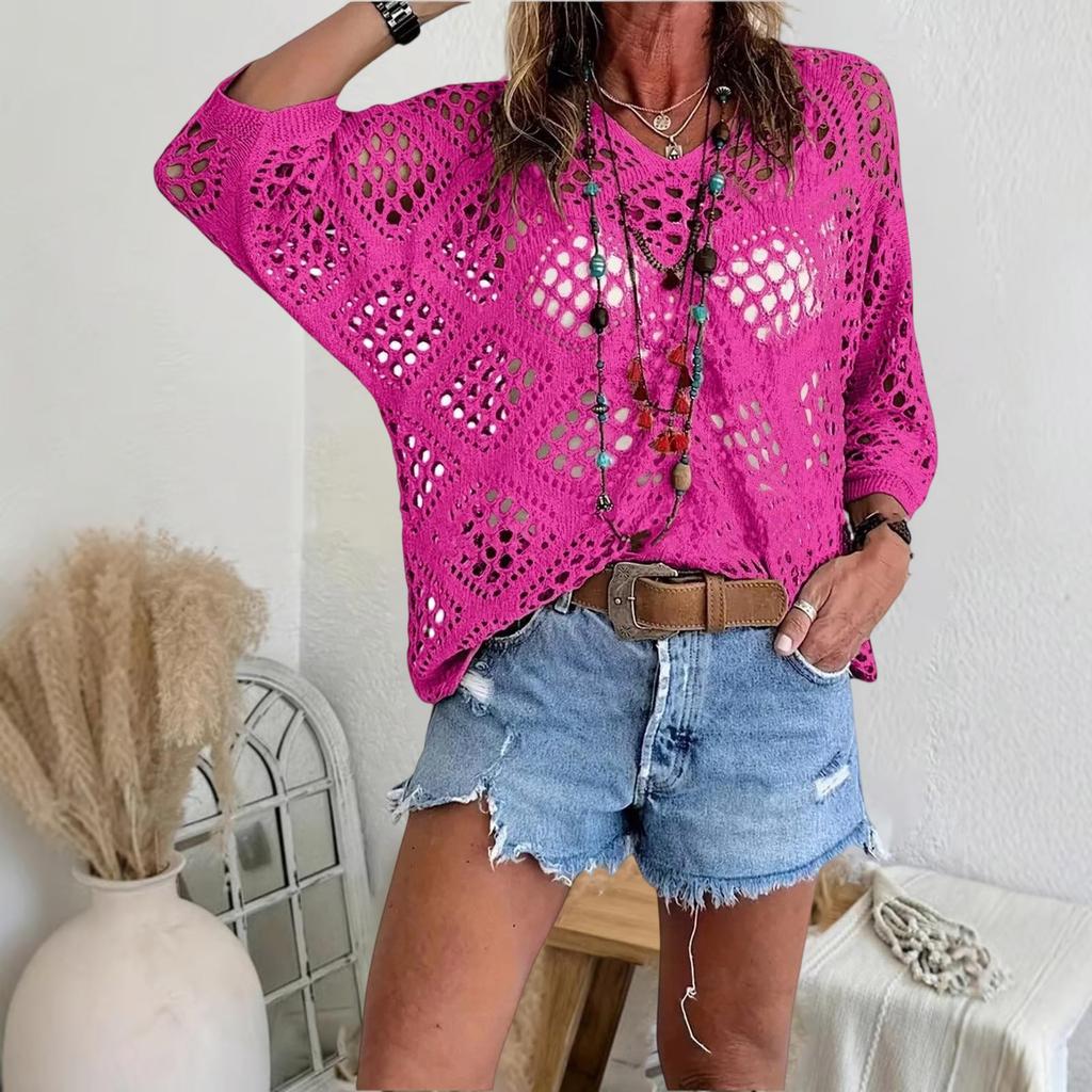 Women's V-neck Diamond-shaped Openwork Sleeve Sweater Cardigan Knitted Top