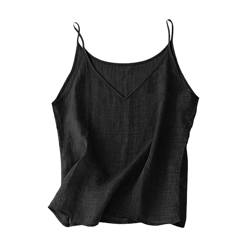 Women V Neck Sleeveless Tank Top Casual Loose Fit Linen Camisole with Pocket Design for Everyday Wear and Comfort