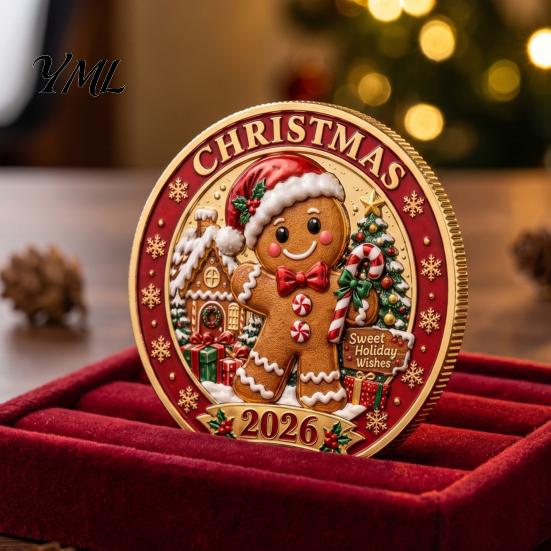 Einzigartige Weihnachtsstrumpffüller 2026 Münze, Feiertags-Gedenkstück mit geprägten bunten Reliefkunstmünzen Weihnachtsmann/Lebkuchenmann/Schneemann/Elch