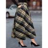 Womens Black White Plaid Wool Blend Midi Skirt With Large Pockets A-Line Office Wear Daily Commute
